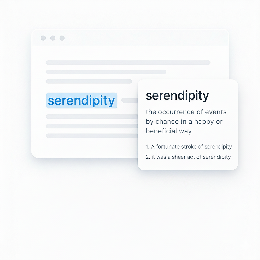 A clean, minimalist UI of a vocabulary browser extension popup. The popup has a dark grey header with three dots (red, yellow, green) and shows the definition of a word. A smaller, lighter grey tooltip is attached to it, defining the word